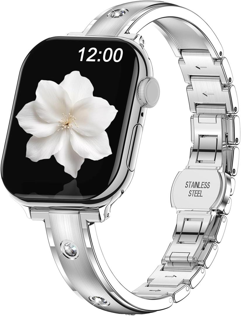 Narrow Metal Band Compatible with Apple Watch Bands 38mm 40mm 41mm 42mm 44mm 45mm 46mm 49mm (Series 11 10 9 8 7 6 5 4 3 2 1 SE Ultra), Dressy Thin Stainless Steel iWatch Bands for Women