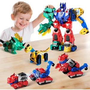 Magnetic Dinosaur Transforming Robot Toys, 6-in-1 Dino Construction Trucks for Kids, Magnetic Car Toys for Boys Girls Age 3 4 5 6 7 8, STEM Educational Christmas Building Gift