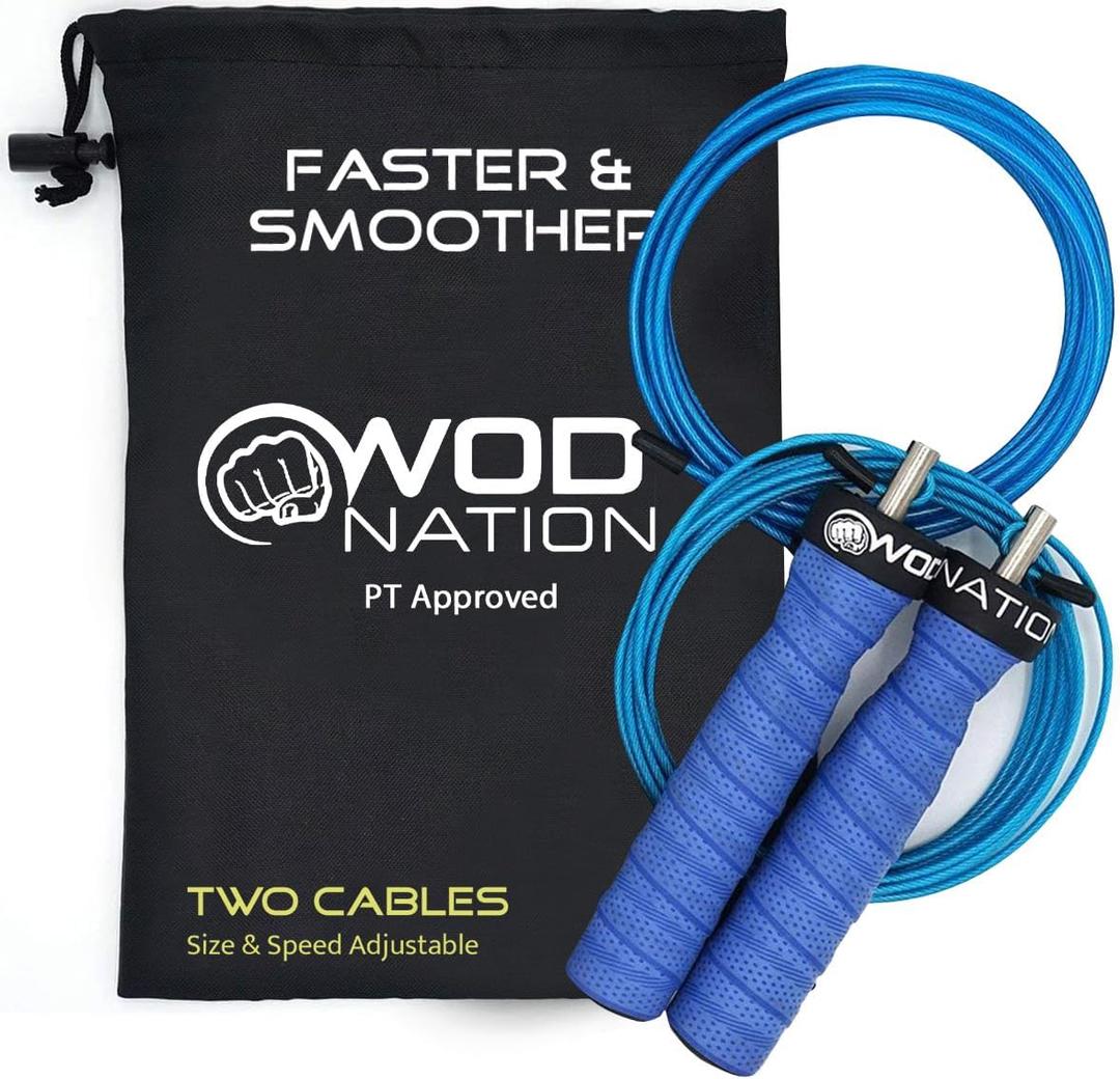 WOD Nation Attack Speed Jump Rope : Adjustable Jumping Ropes : Unique Two Cable Skipping Workout System : One Thick and One Light 11 Foot Cable : Perfect for Double Unders : Men and Women (Blue)