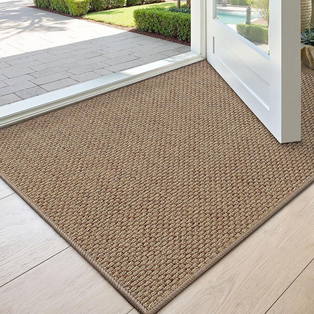 DEXI Ultra Thin Door Mat Indoor Entrance 24x36, Non Slip Rubber Backed Entryway Mats Dirt Trapper, Low Profile Front Doormat for Inside Entry, Patio, Porch, Dark Beige