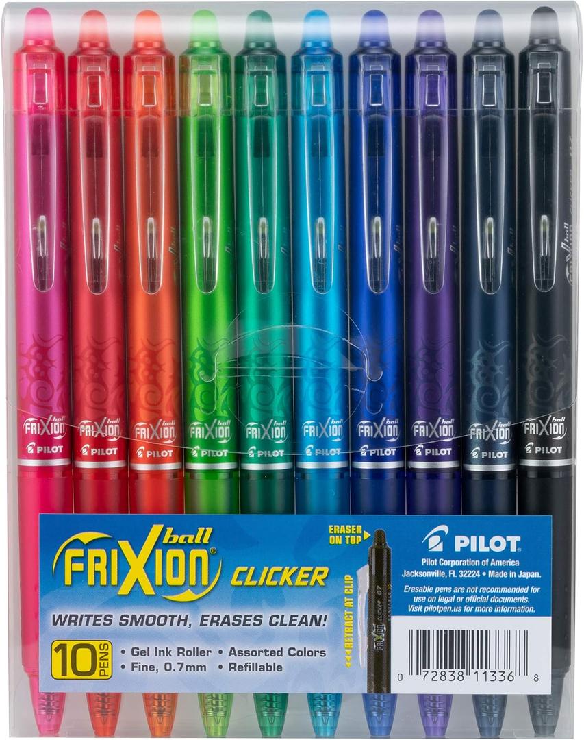 Pilot FriXion Clicker Erasable, Refillable & Retractable Gel Ink Pens Fine Point 0.7mm, Erasable Pens, Assorted Color Inks, 10-Pack Pouch