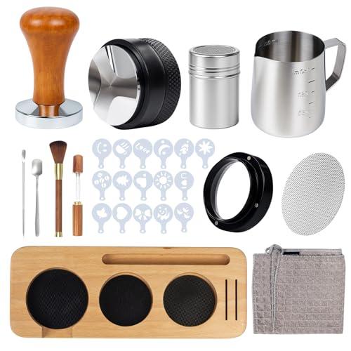 26PCS Espresso Accessories Kit,54mm Espresso Tamper Tools,Includes Wood Station,Distributor,Stirrer,Dosing Funnel,Brush,Puck Screen,Frothing Pitcher,Latte Pen,Powder Ring,Towel,Decorative Stencils