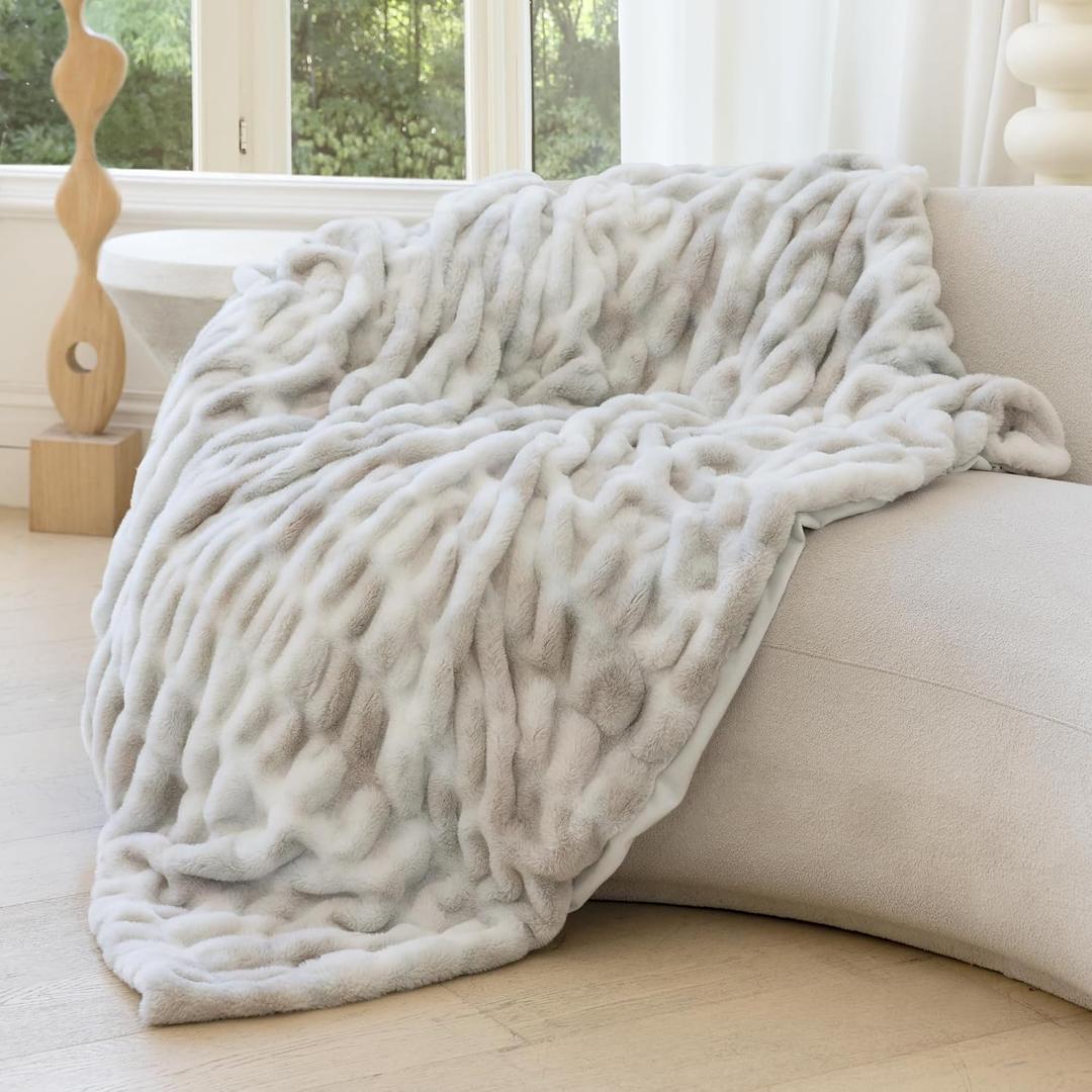 Faux Fur Throw Blanket Ultra Soft & Fluffy with Ruched Design, Cozy Giftable Decorative Blanket for Couch or Bed, Tie-Dye Gray & White, 50"x60"