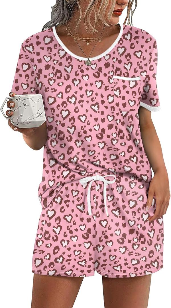 Ekouaer Pajama Set for Women 2 Piece Lounge Set Short Sleeve Tops and Shorts Soft Sleepwear, Chest Pocket, Small