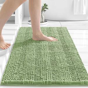 Grandaily Chenille Striped Bathroom Rugs 30x20, Extra Thick and Absorbent Bath Mats, Non-Slip Soft Plush Shaggy Shower Carpet, Machine Wash Dry, Bath Rug for Bathroom, Medium, Sage Green