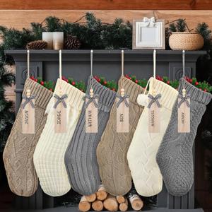 6 Pack Farmhouse Neutral Knitted Christmas Stockings with Name Tag 18'' Rustic Neutral Cable Knit Fireplace Hanging Stockings Xmas Boho Cream for Family Holiday(Grey)