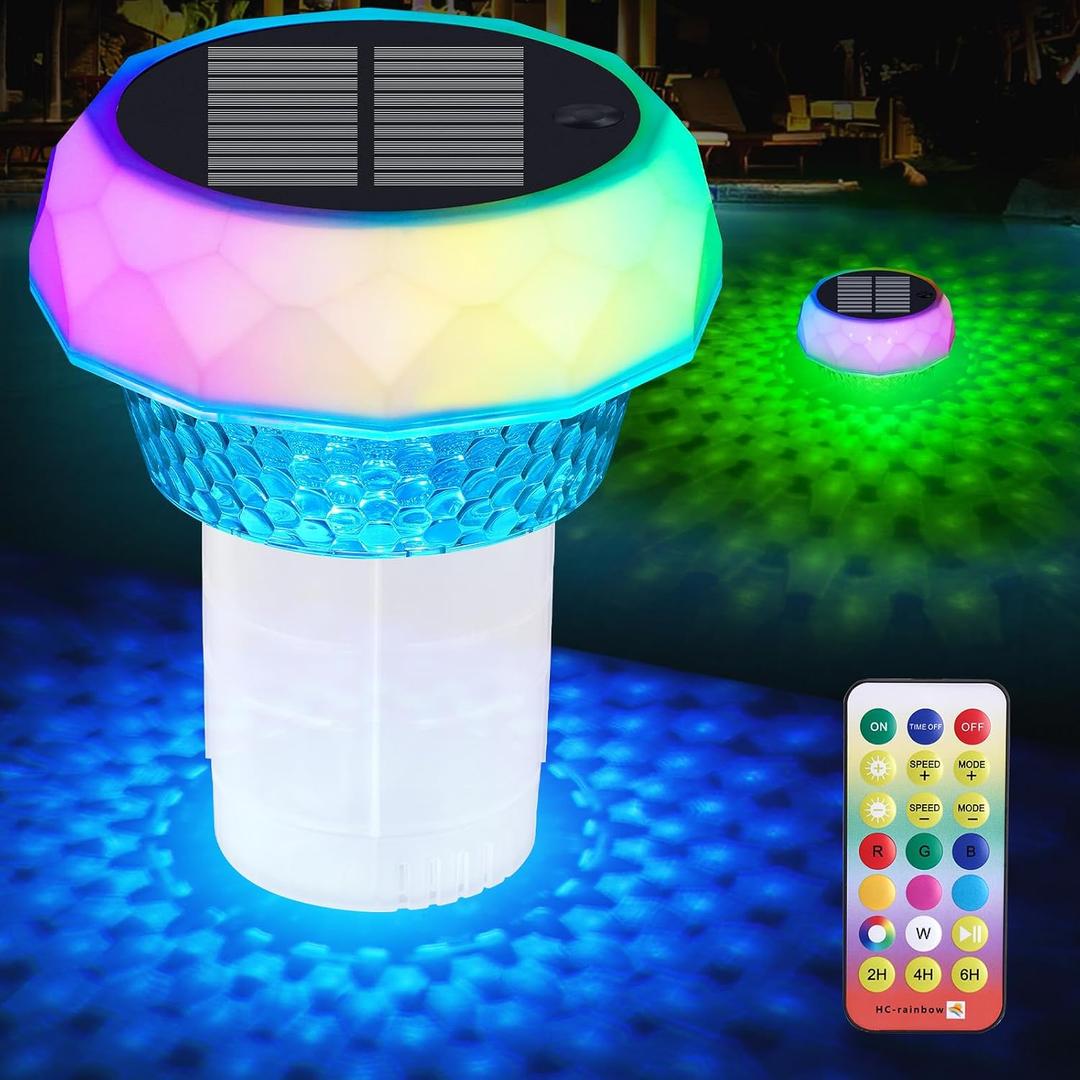 Solar Pool Chlorine Floater 2 Packs,Floating Colorful Induction Lights Chlorine Dispenser for 4x3'' Tablets, Adjustable Release & Easy Opening Holder for Indoor & Outdoor Swimming Pool Hot Tub and Spa