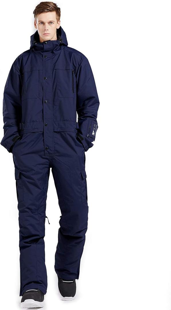 Mens One Piece Ski Suit Snowsuits Colorful Snowboard Jumpsuits Waterproof Hooded Warm Jackets Outdoor Winter (Large, Navy Blue)