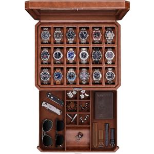 ROTHWELL 18-Slot Watch Case with Drawer Luxury Watch Box for Men, Real Glass Top, Lockable, Display Case for Collections (Tan/Brown)