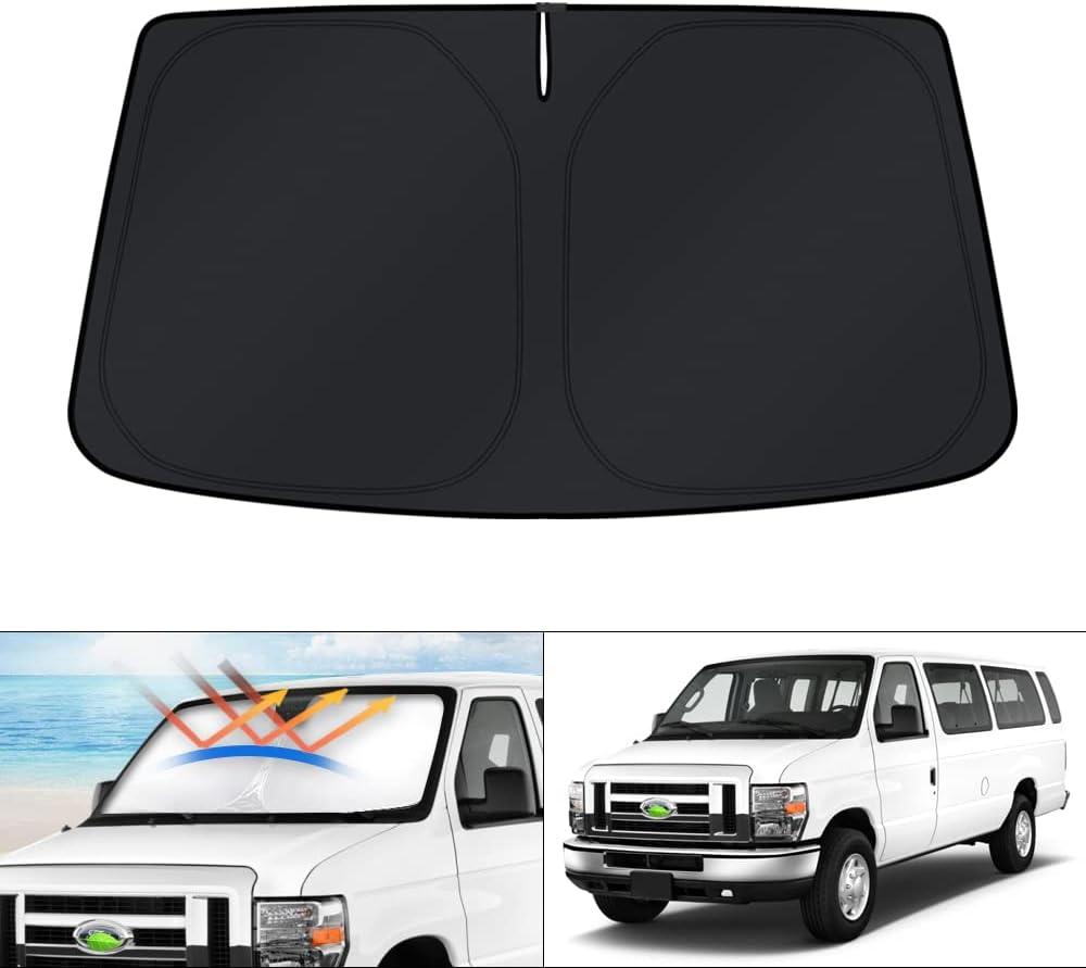 KUST Windshield Sun Shade for 1992-2025 2026 Ford Econoline E-Series Van & Motorhome E-150 E-250 E-350 E-450 Accessories Sun Shade Window Sun Visor Protector Foldable Blocks UV Rays Keep Car Cooler