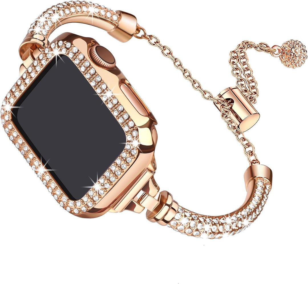 Secbolt Bling Band and Case Compatible with Apple Watch Band 38mm 40mm 41mm 42mm 44mm 45mm, Women Dressy Metal Bracelet with Rhinestone Bumper for iWatch Series 9/8/7/SE/6/5/4/3/2/1