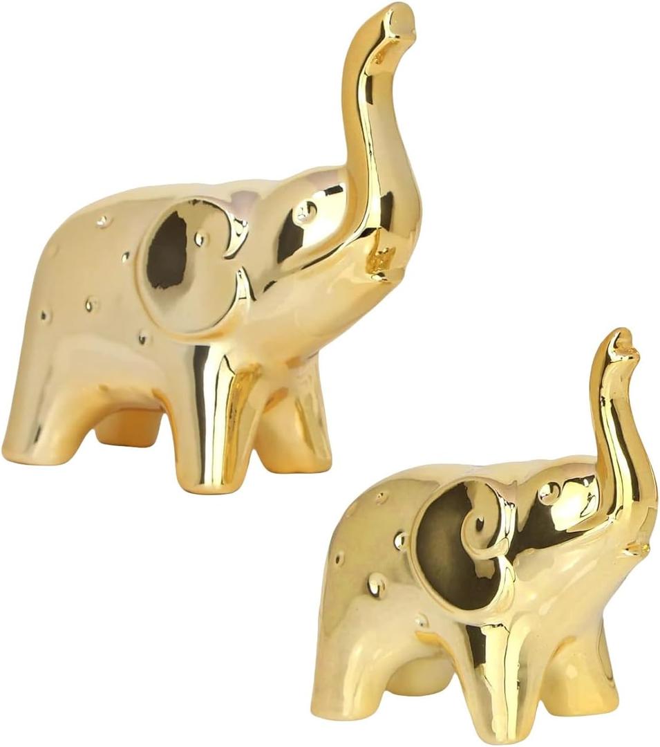 A Pair Elephant Statues Gold Ceramic Elephant Figurine for Livingroom Bedroom Home Decor Office Desk Shelf Animals Figurine Decoration