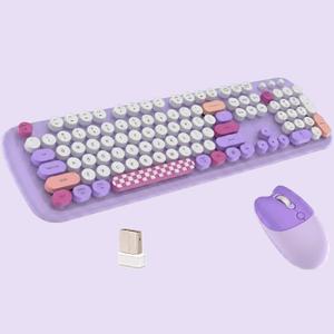 2.4G Full-Size Wireless Keyboard and Mouse Combo, Multi-Color Typewriter Style Round Keycap, Cute Candy Colors, Compatible with Notebook, PC (Purple)