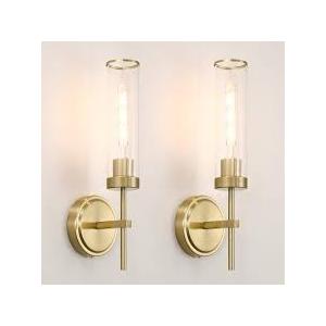 MOKATNG Wall Sconces Set of Two, Brushed Gold Bathroom Sconces with Clear Glass, Hardwired Sconces Wall Decor Set of 2, Modern Wall Light Fixtures for Bathroom Mirror Living Room Bedroom Hallway