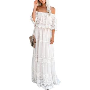 Women's Casual Off Shoulder Lace Maxi Dress Boho White Bridesmaid Wedding Evening Party Dresses (Large)