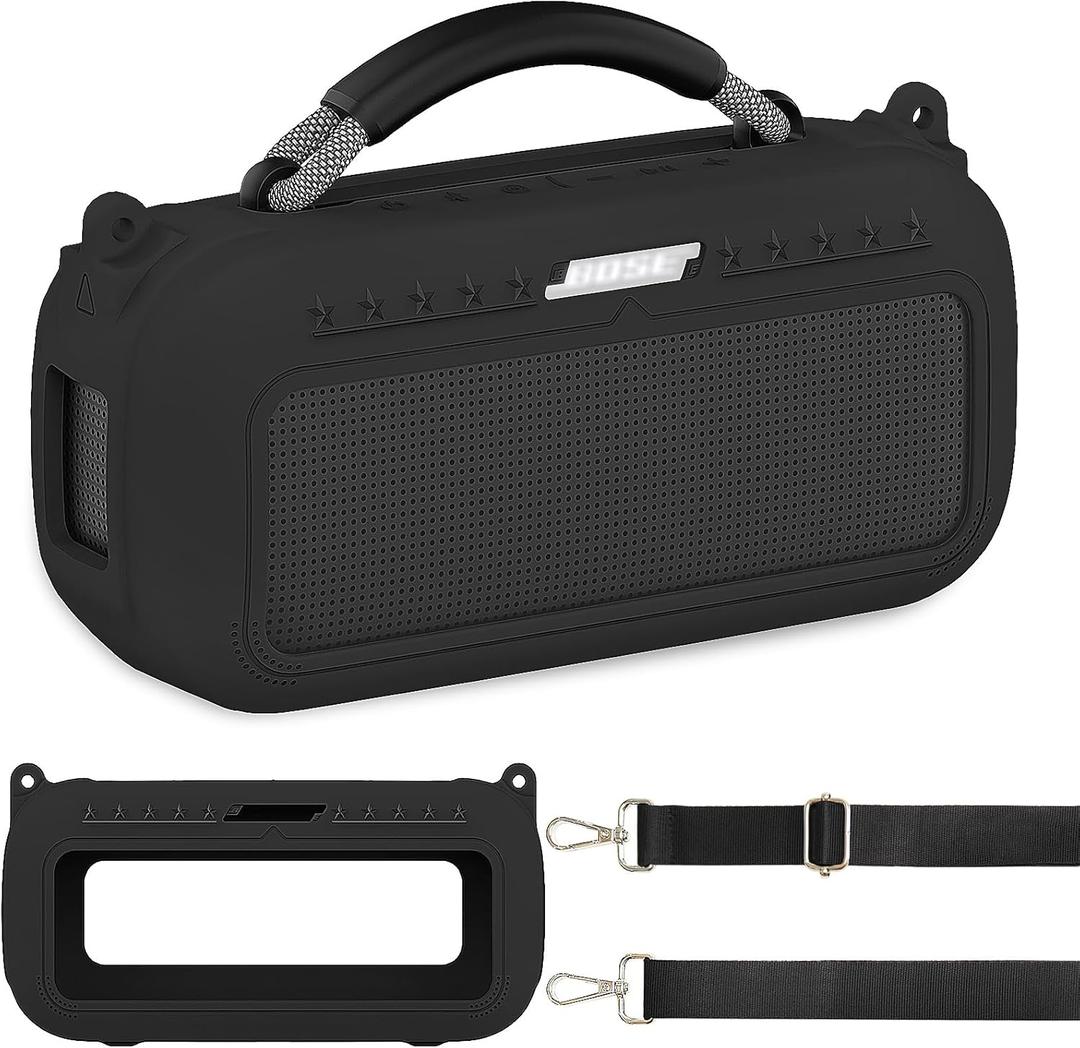 JCHPINE Silicone Cover Case for Bose SoundLink Max Portable Speaker Accessories, Soft Silicone Skin for SoundLink Max Bluetooth Speaker with Shoulder Strap (Black Case)