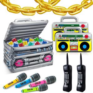 Cunhill 29 Pcs 80s 90s Party Decorations Include Inflatable Boom Box Beverage Cooler 20 Gold Foil Chain Balloons 2 Mobile Phones 2 Radio Boombox 4 Microphones for Hip Hop Theme Supplies Cosplay Props