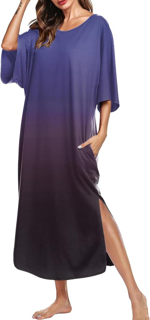 Ekouaer Women's Nightgown Short Sleeve Sleepshirt Long Loungewear Casual Maxi Lounge Dress House Dresses with Pockets (Medium)