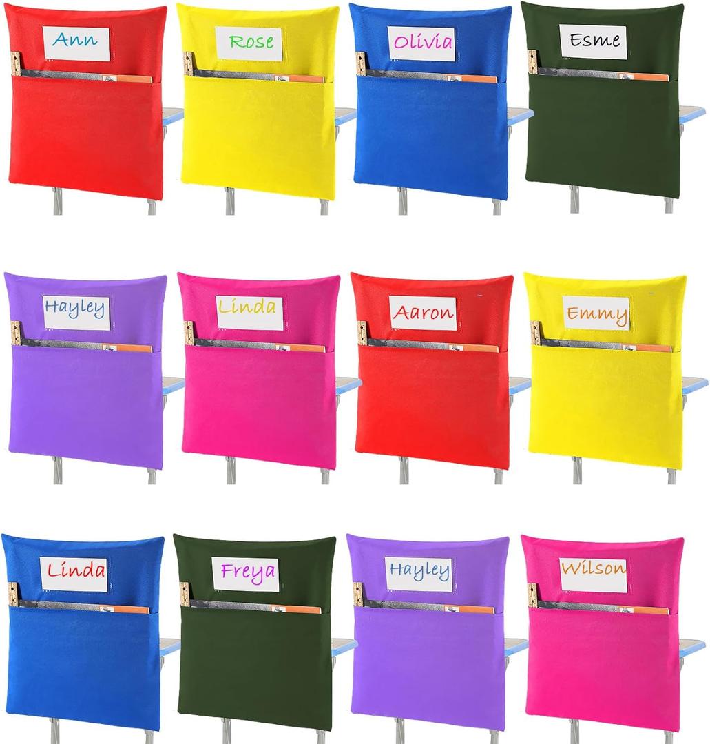 Sanwuta 24 Pack Classroom Chair Pockets, 15 x 17 Inch Book Storage Bags for Chair with Name Slot Students Chairback Pockets for Kindergarten Primary School Home(Multicolor)