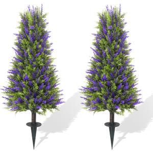 40" Artificial Cedar Lavender Topiary Trees with Ground Spike, Set of 2 Artificial Shrubs Fake Bushes UV Resistant Realistic Fake Plant for Outdoor Indoor Porch Garden Home Decor
