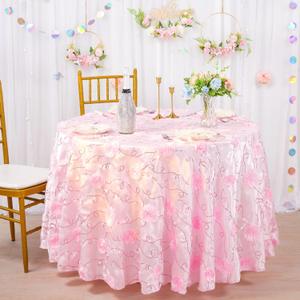 Fanqisi Pink Round Tablecloth 3D Rosette Sequin Satin Table Cloths 90 Inch Spring Table Cover for Wedding Anniversary Outdoor Ceremony Birthday Party Decorations