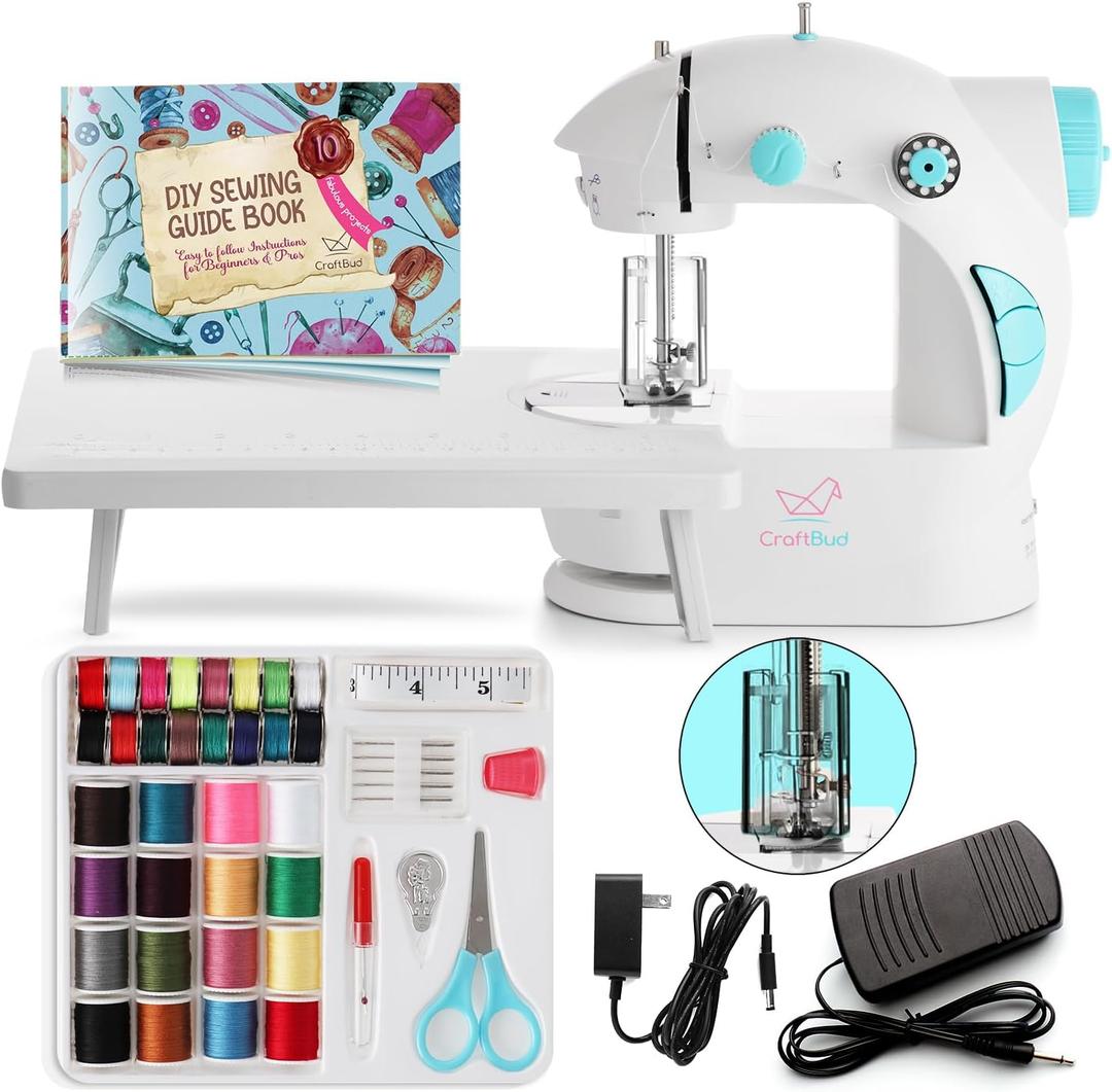 CraftBud Mini Sewing Machine for Beginners, Dual Speed Small Portable Sewing Machine for Kids and Adults with Extension Table, 48 Piece Gift Set Includes, Pedal, Projects Book, Light and More, White
