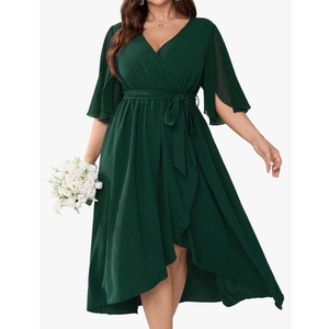 Plus Size Formal Wedding Guest Cocktail Dress for Curvy Women Flutter Sleeve Faux Wrap V Neck Midi Dresses, Size 3XL