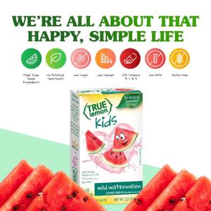 TRUE LEMON KIDS Wild Watermelon (10 Packets) - Hydration for Kids - No Preservatives, No Artificial Flavors & Sweeteners - Low Sugar Water Flavoring - Juice Powdered Drink Mix