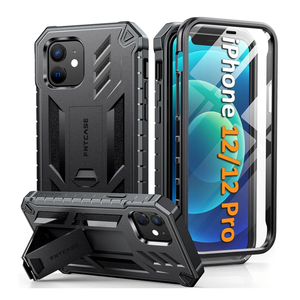 FNTCASE for iPhone 12 Phone Case: for iPhone 12 Pro Phone Case Military Grade Drop Proof Rugged Protective Cover with Kickstand | Matte Textured Shockproof TPU Hybrid Bumper Cases 6.1 inch - Black