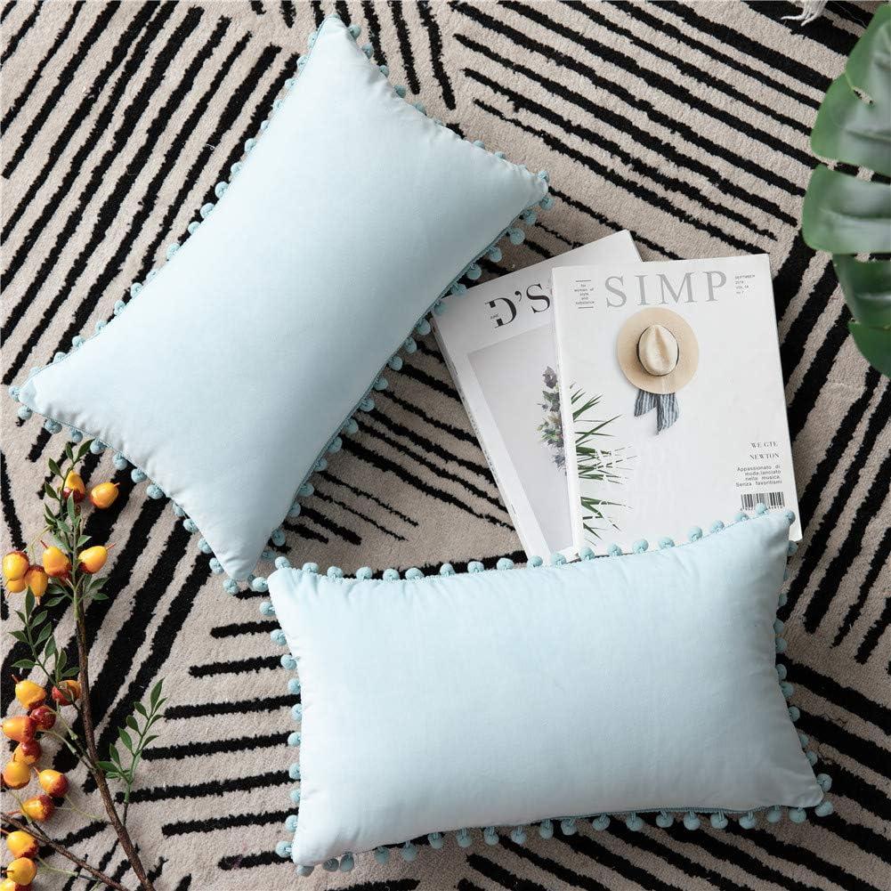 Throw Pillow Cases 12x20 Light-Blue: 2 Pack Cozy Soft Pom-poms Velvet Rectangular Decorative Pillow Covers for Farmhouse Home Decor