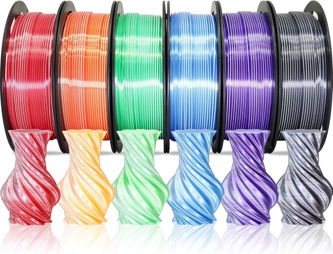 MIKA3D Dual Color 1.75mm 3D Printer Filament Bundle, Silk PLA 6 Spools Pack - White Red, Orange, Green, Blue, Purple, Black - 3D Printing PLA 250g X 6 Spools