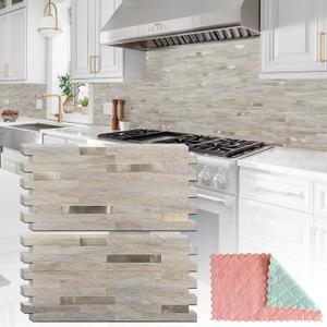 20 Sheets Kitchen Peel and Stick Backsplash Tiles, Beige with Metal Gold Look Stick on Backsplash for Kitchen, RV, Fireplace