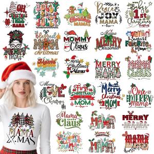 Dazoratix Christmas Iron on Transfers - 25 Sheets Mama Merry Xmas DTF Ready to Press Bulk Mom Heat Patches Viny Stickers Decals Women T Shirts Clothes Pillow Bag DIY Crafts Appliques Decorations Gifts