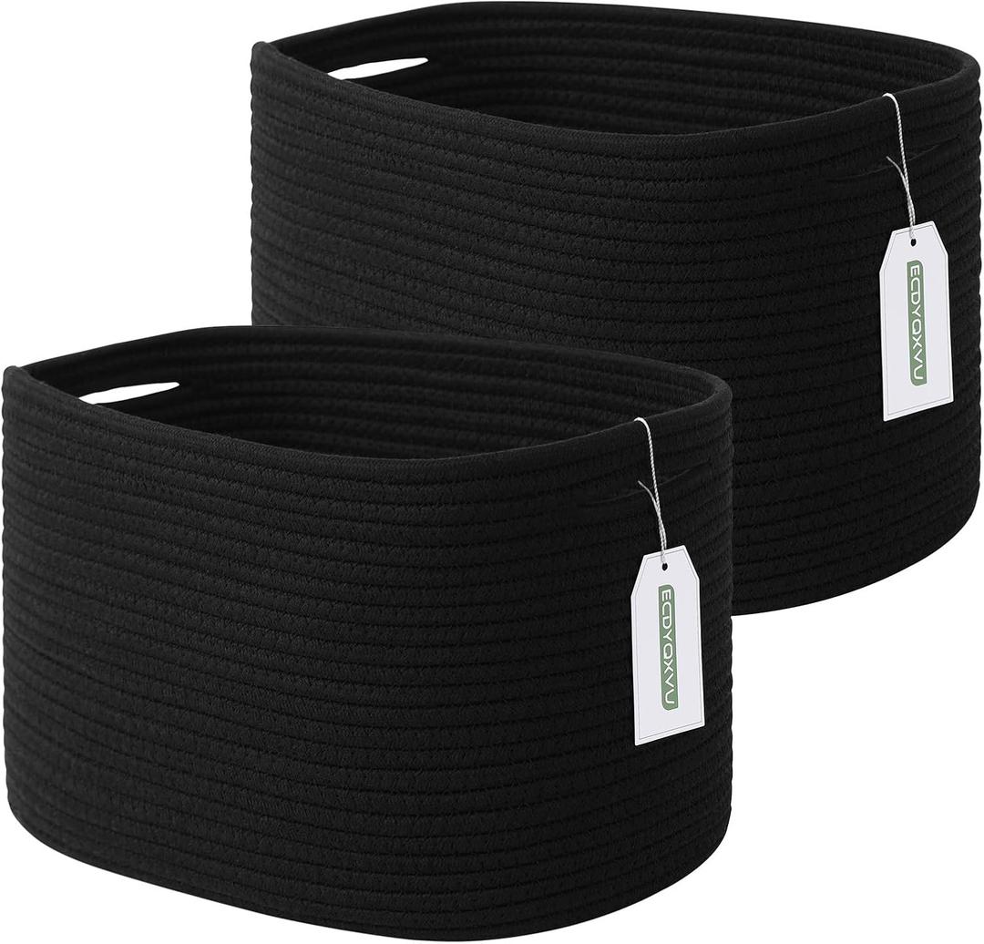 ECDYQXVU Cotton Rope Storage Basket, 15x10x9 Inches, Woven Basket for Shelves, Clothes, Toys, Towels, Books, and Laundry, Durable and Stylish, Black (2 Pack)
