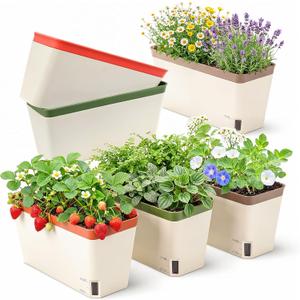 OurWarm Self Watering Pots for Indoor Plants, 6 Pack 10.5 Inch Plastic Window Herb Planter Box with Water Level Indicator, Modern Decorative Windowsill Planters for Herbs, Flowers, Seedlings