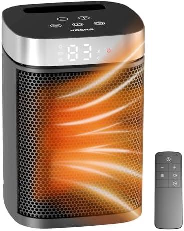 Small Portable Space Heater for Indoor Use - VOCRS 1500W PTC Electric Heater with Thermostat, Remote Control, 12H Timer, Eco and Fan Mode, Rapid and Safe Heating for Bedroom, Office