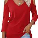 Amoretu Women's Short Sleeve Shirts Cold Shoulder Tops V Neck Blouse Tunic Shirts (Red, M)