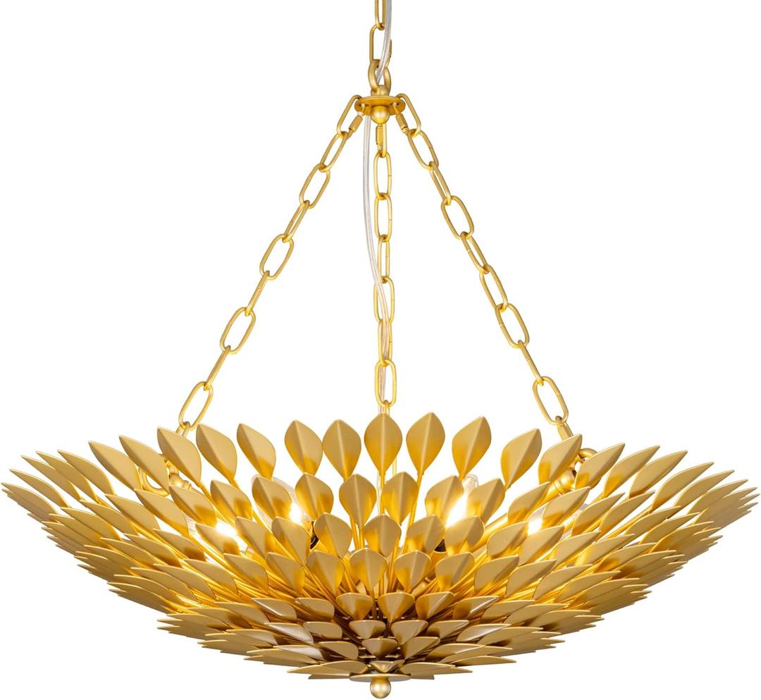 TOCHIC Gold Leaf Chandelier, 6 Lights Farmhouse Chandelier for Dining Living Room, Modern Ceiling Light Fixture for Foyer, Vintage High Ceiling Chandelie for Bedroom, Entryway, 24" D