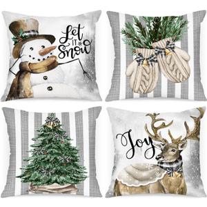 Lanpn Winter 14x14 Christmas Throw Pillow Covers Set of 4, Xmas Snowman Gloves Elk Eucalyptus Winter Decorative Holiday Pillow Case Cushion Cover 14 x 14 for Indoor Home Bedroom Sofa Couch