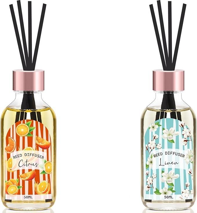Reed Diffuser Set of 2 Pack, Linen Vanilla Citrus Scented Oil Diffuser with 15 Sticks, Reed Diffusers for Home, Bathroom Air Freshener, 1.7 Fl.oz Each, Total 5.1 Oz
