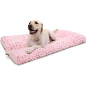 KSIIA Washable Dog Bed Deluxe Plush Dog Crate Beds Comfy Kennel Pad Anti-Slip Pet Sleeping Mat for Large, Jumbo, Medium, Small Dogs Breeds, 35" x 23", Pink