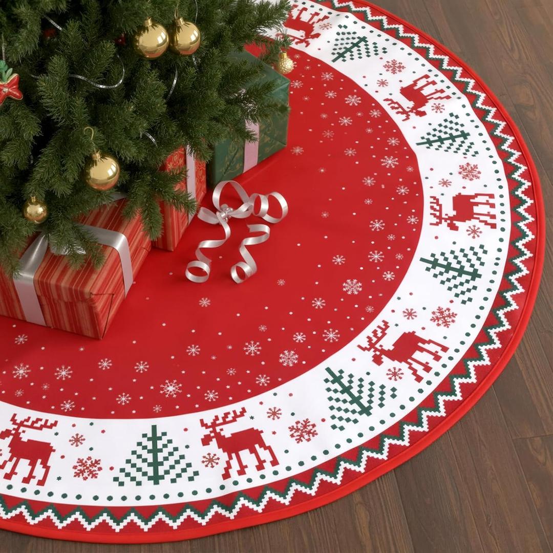 Jenaai Christmas Tree Skirt 48 Inch, Red and Green Xmas Tree Mat with Winter Snowflake Moose for Christmas Decorations Holiday Party Indoor Outdoor Home Decor