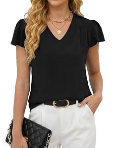 Gleeneat Womens Black Business Casual Work Blouses Summer Dressy Casual Dress Ruffle Short Sleeve Shirts Flowy V Neck Cute Office Tops 2026 Trendy Outfits Blusas Casuales de Mujer Bonitas, M