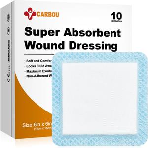 Carbou Super Absorbent Wound Dressing Pads 6"x 6", 10 Individual Pack, Non Adhesive Absorbent Bandages, Soft Highly Absorbent Dressing, Non Stick Gauze Pads for Heavily Exuding Wound Care