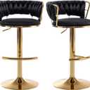Velvet Bar Stools Set of 2, Counter Height Barstools with Low Back, Gold Swivel Bar Stool for Kitchen Island, Pub (Black)