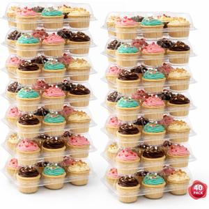 WIKDAY 6 Count Cupcake Containers with Lids, 40 Pack Stackable cupcake holders Clear Plastic Dessert Boxes for 240 Cupcakes, Muffins