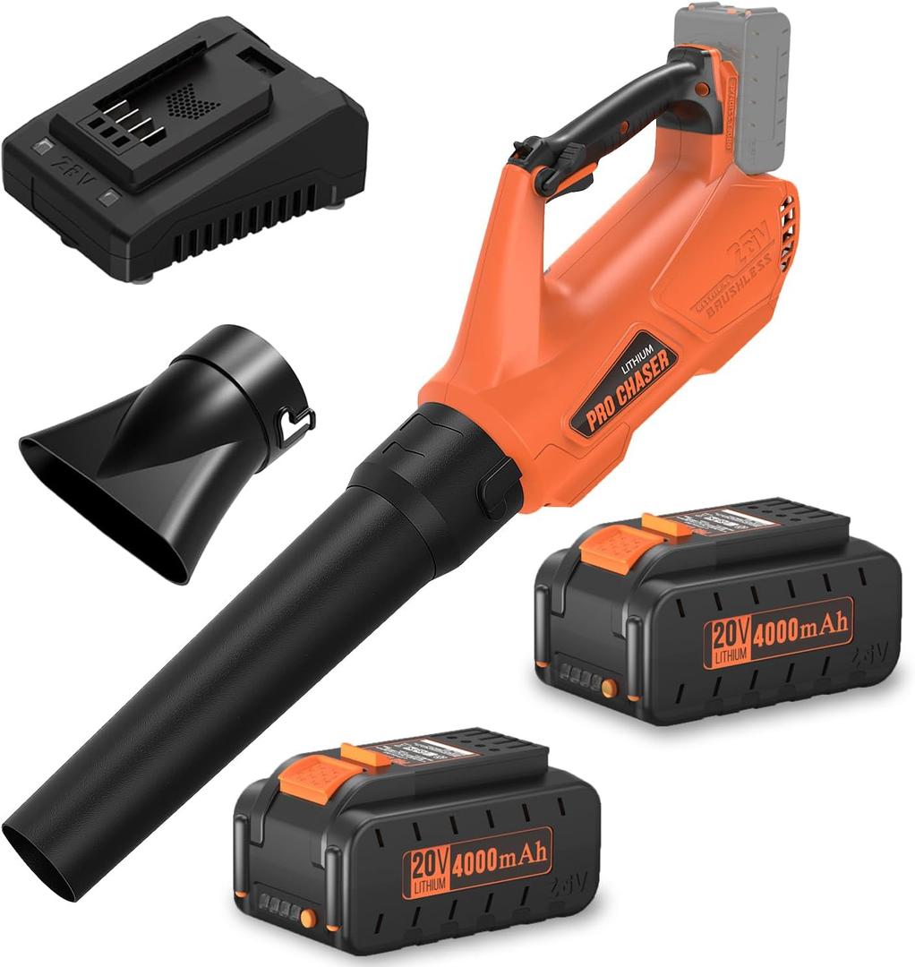 Pro Chaser Battery Powered Cordless Blower - 380 CFM with 2 X 4.0Ah 20V Batteries & Fast Charger, Lightweight Electric Leaf Blowers, 2 Variable Speed, Ideal for Yard, Patio & Sidewalk (Orange)