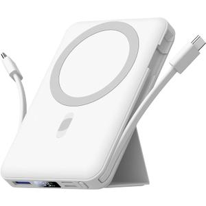Azmuth for Magsafe Battery Pack, 10000mAh Magnetic Power Bank 22.5W PD Fast Charging with USB-C Cable LED Display Wireless Portable Charger with Stand for iPhone 16/15/14/13/12/Pro (White)