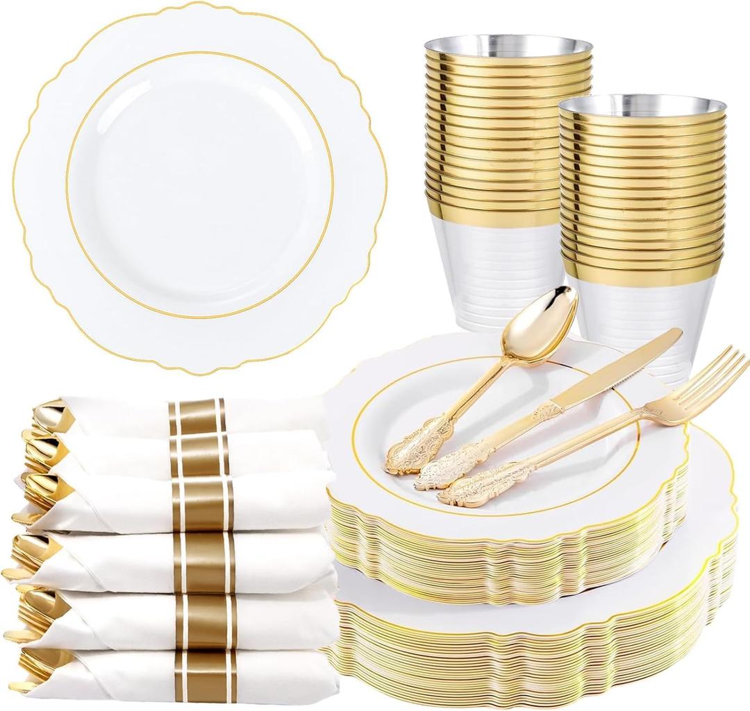 Liacere 175pcs Gold Plastic Plates - White and Gold Disposable, 50PCS Plastic Dinner Plates, Perfect for Wedding & Party & Holiday & Mother's Day & Easter Day