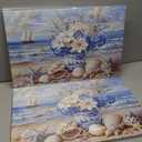 RASEONG Blue Ocean Floral Wall Art, Summer Seashell and Starfish Coastal Painting for Living Room or Bathroom, Framed Home Decor, 24W x 16L Inches(2 Pack)